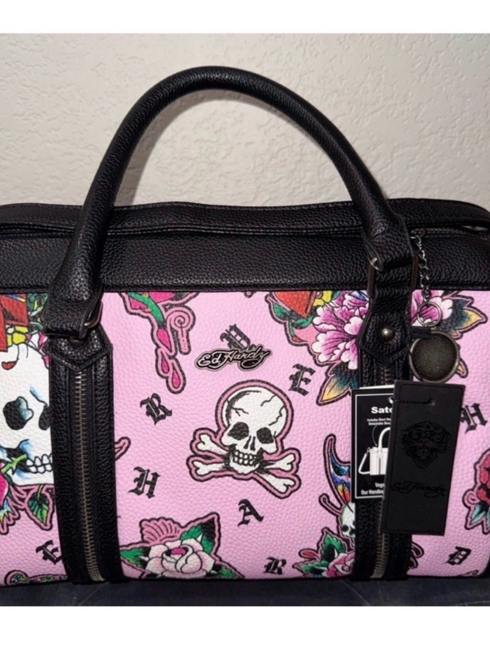 Ed Hardy Pink Floral Skull Satchel with Black Trim